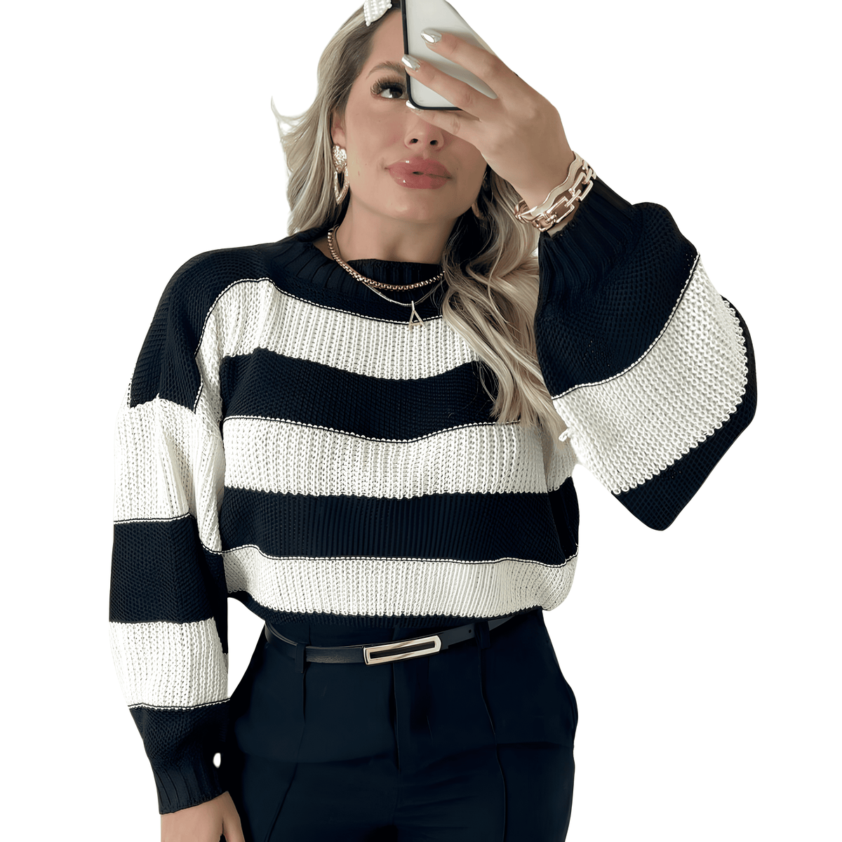 Suéter de Tricot Preto e Branco Feminino - FemmeBelle