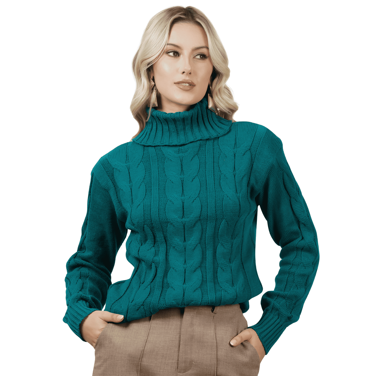 Suéter de Tricot Gola Alta Verde Escuro Feminino - FemmeBelle